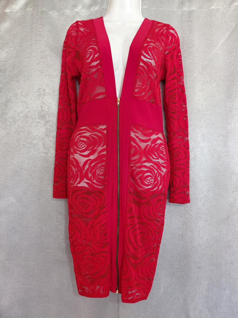 Auditions Red Lace Rose Pattern Midi Dress Bodicon Zip Front V Neck Sz L